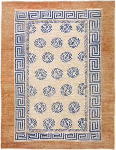 Modern Handmade Blue Greek Key Pattern Beige Oversize Wool Rug