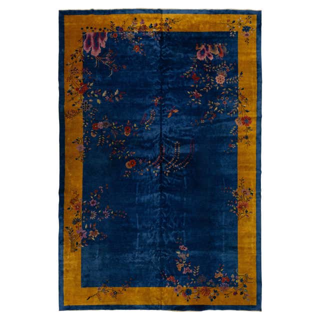 Deco Design Rug 1930s Royal Blue Solid Floral Modernist Antique Chinese Art Deco ...