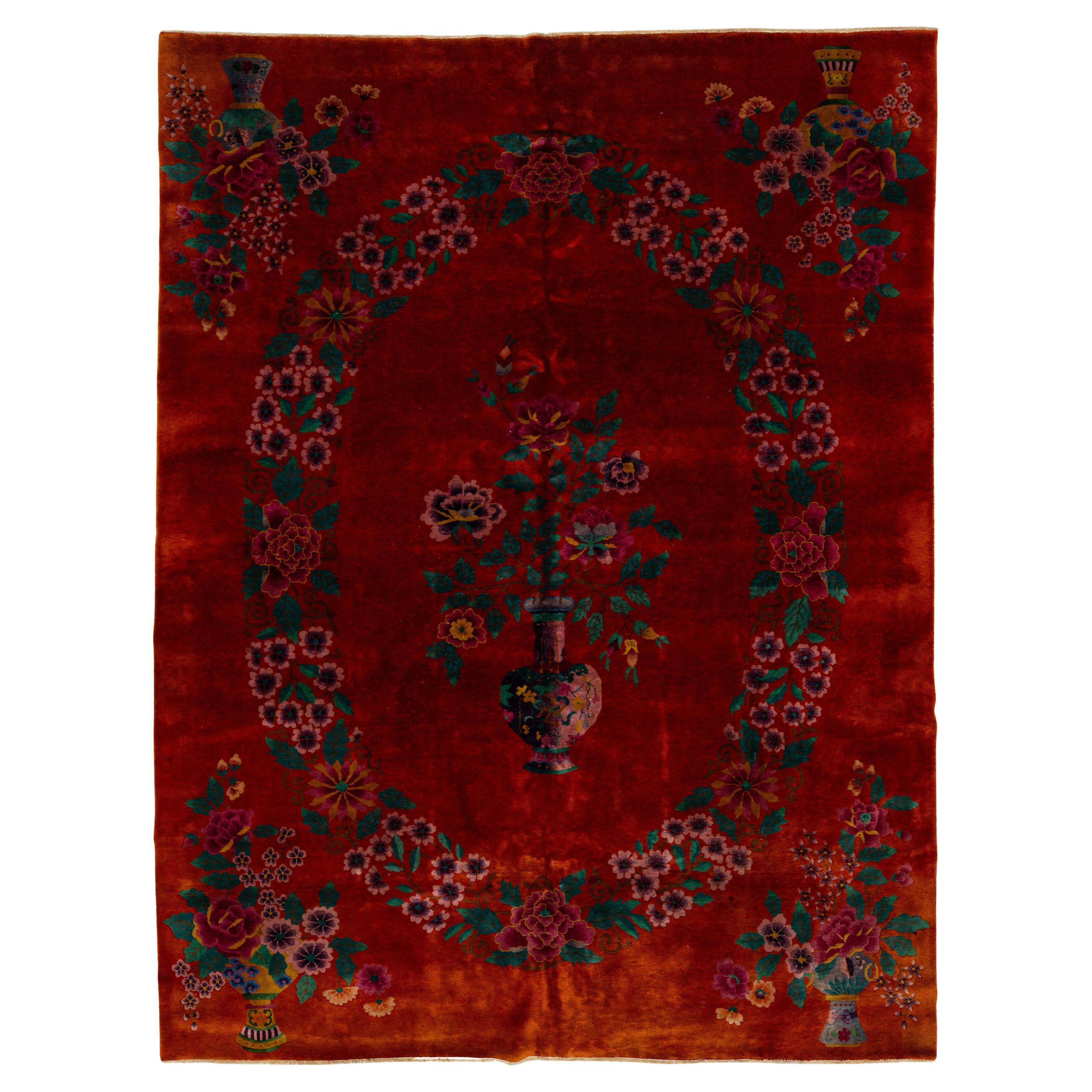 Tapis rouge Art Déco chinois fait à la main à motif floral