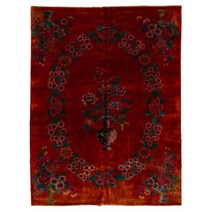 Tapis rouge Art Déco chinois fait à la main à motif floral