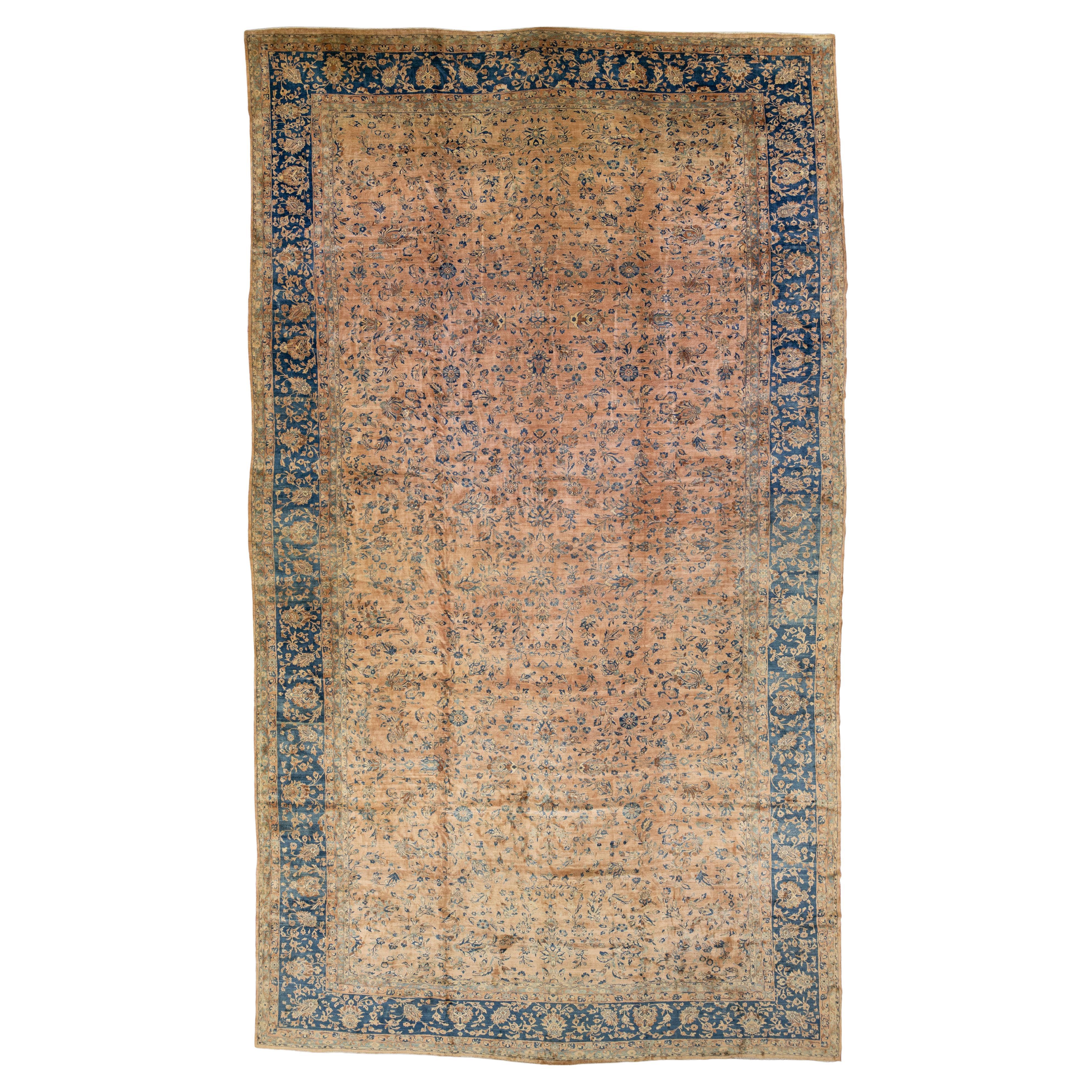 Brauner antiker handgefertigter Oversize-Perserteppich aus brauner antiker Täbriswolle mit Blumenmuster