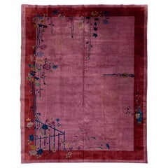 Alfombra china antigua Art Decó de lana con motivos florales, hecha a mano, de color morado