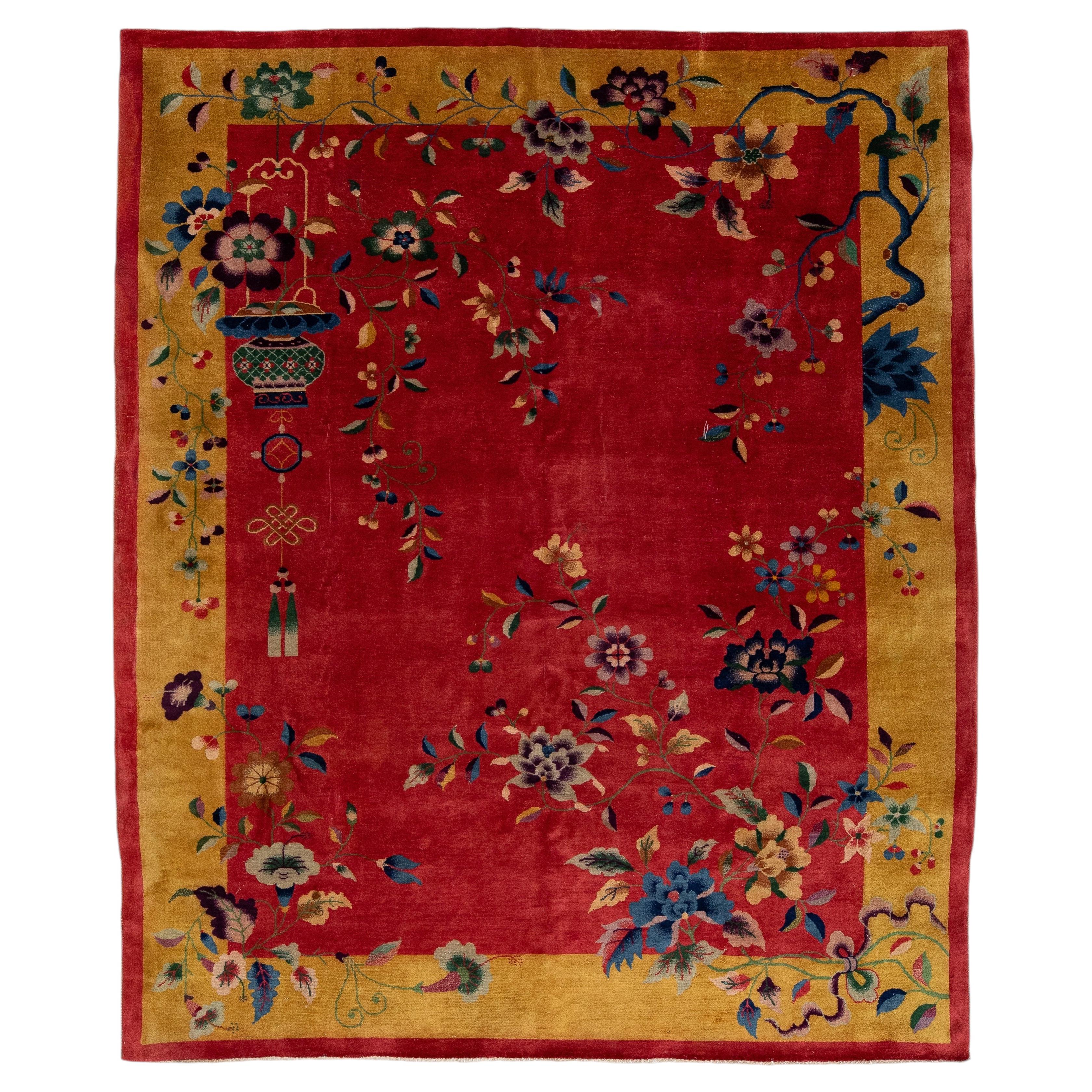 Antique Art Deco Chinese Floral Wool Rug Handmade In Red