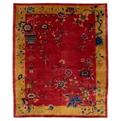 Antique Art Deco Chinese Floral Wool Rug Handmade In Red
