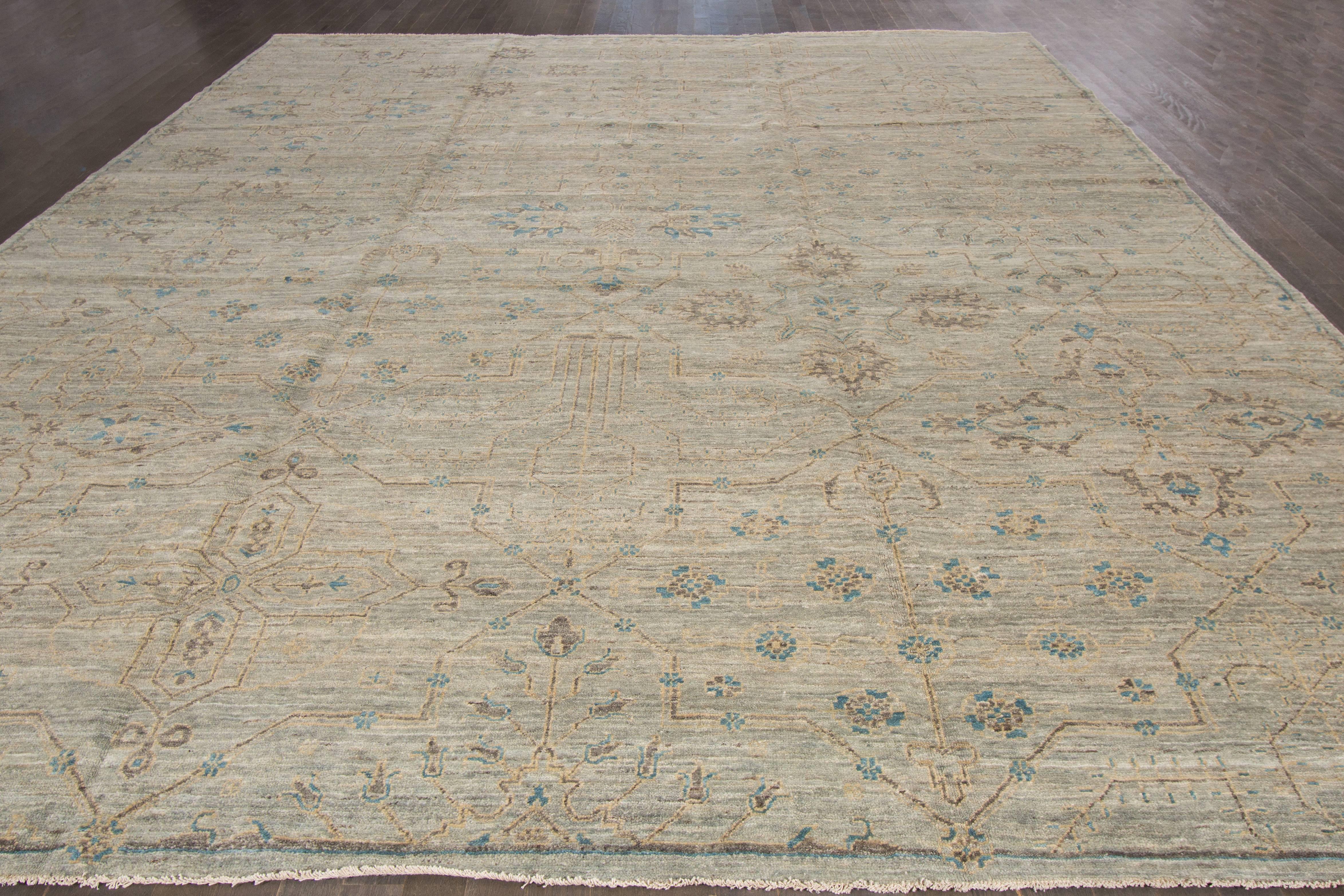Hand-knotted modern rug with an all-over floral design on a gray field. Measures: 11'11