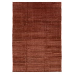 Modern Tibetan Wool and Silk Rug In Terracotta Featuring a Stripe Pattern