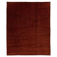 Modern Tibetan Wool and Silk Rug In Burgundy Color with Striped Design