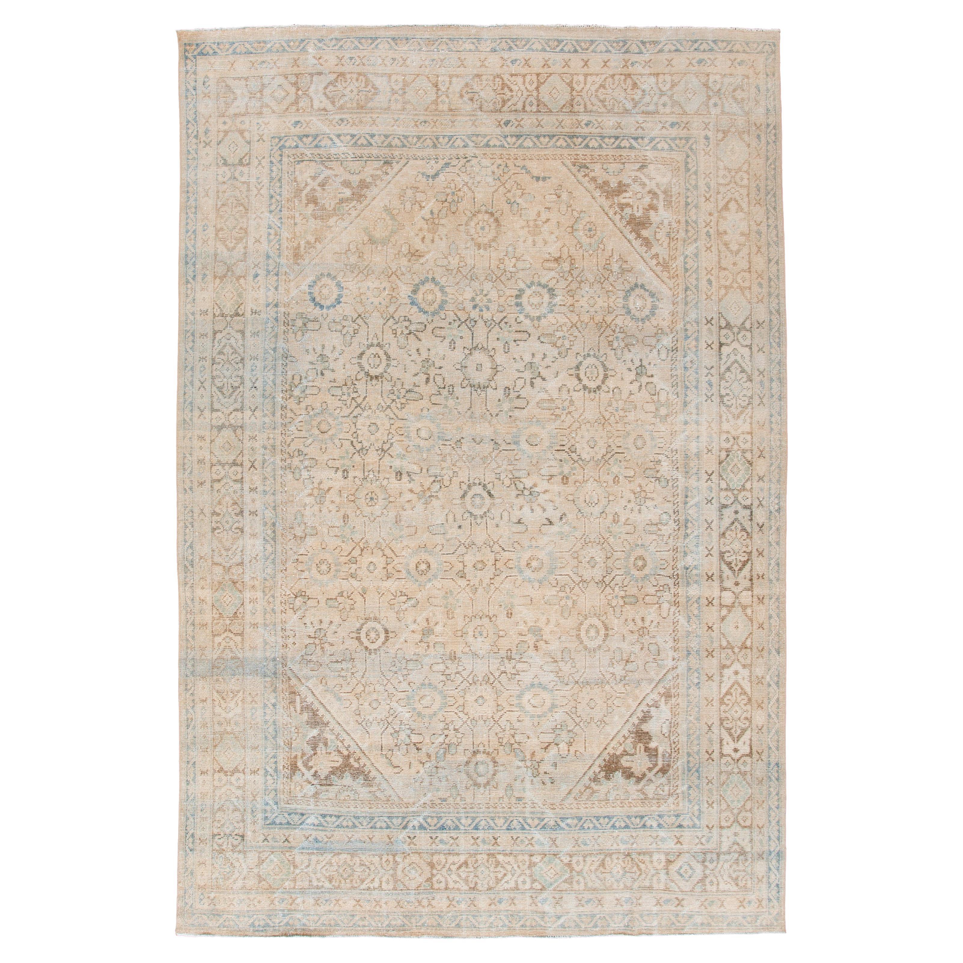 8 x 12 Beige Antique Persian Mahal Wool Rug with Allover Design (Tapis de laine persan ancien avec motifs)