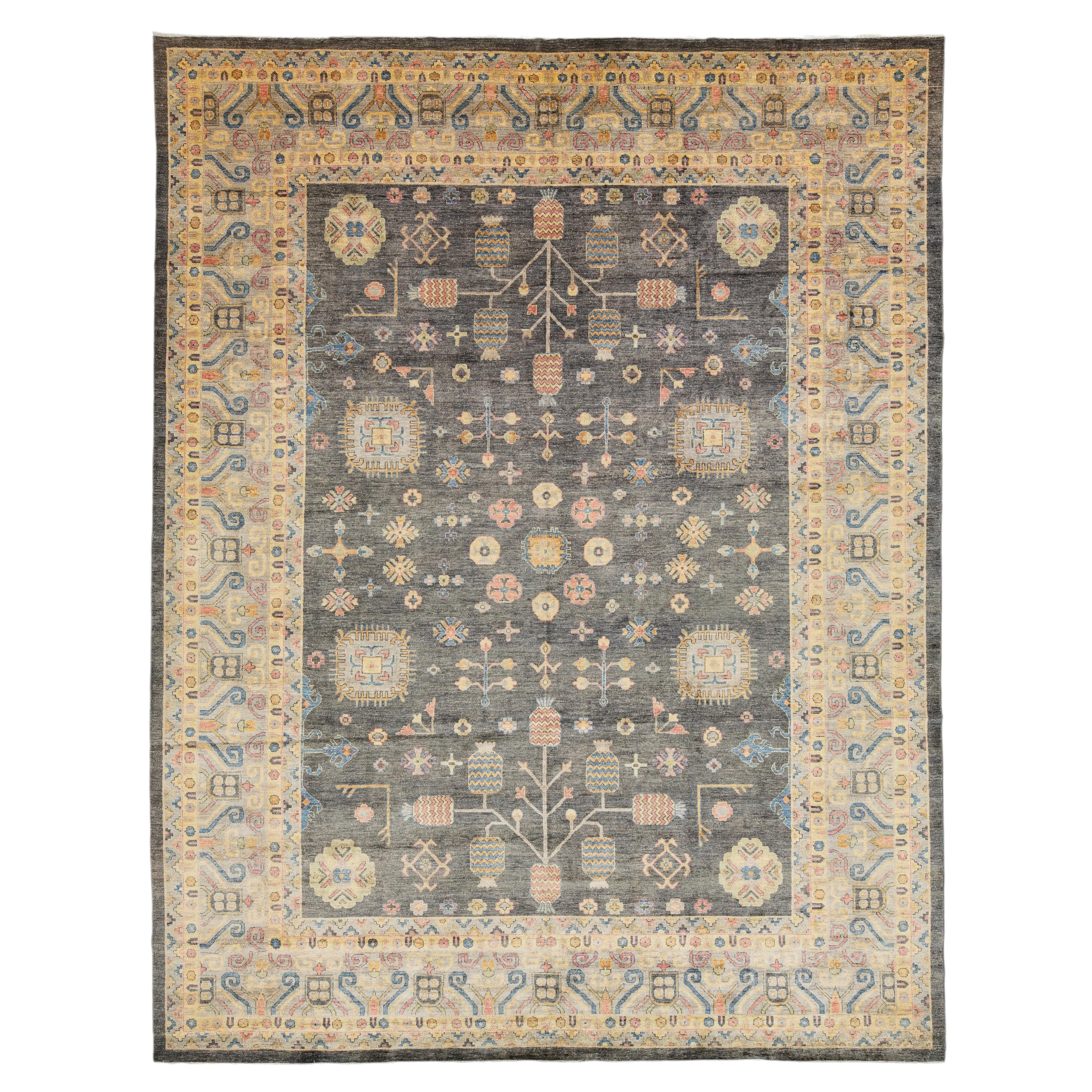 Modern Khotan Style Hand-Knotted Wool Rug Charcoal & Gold Transitional Area Rug For Sale
