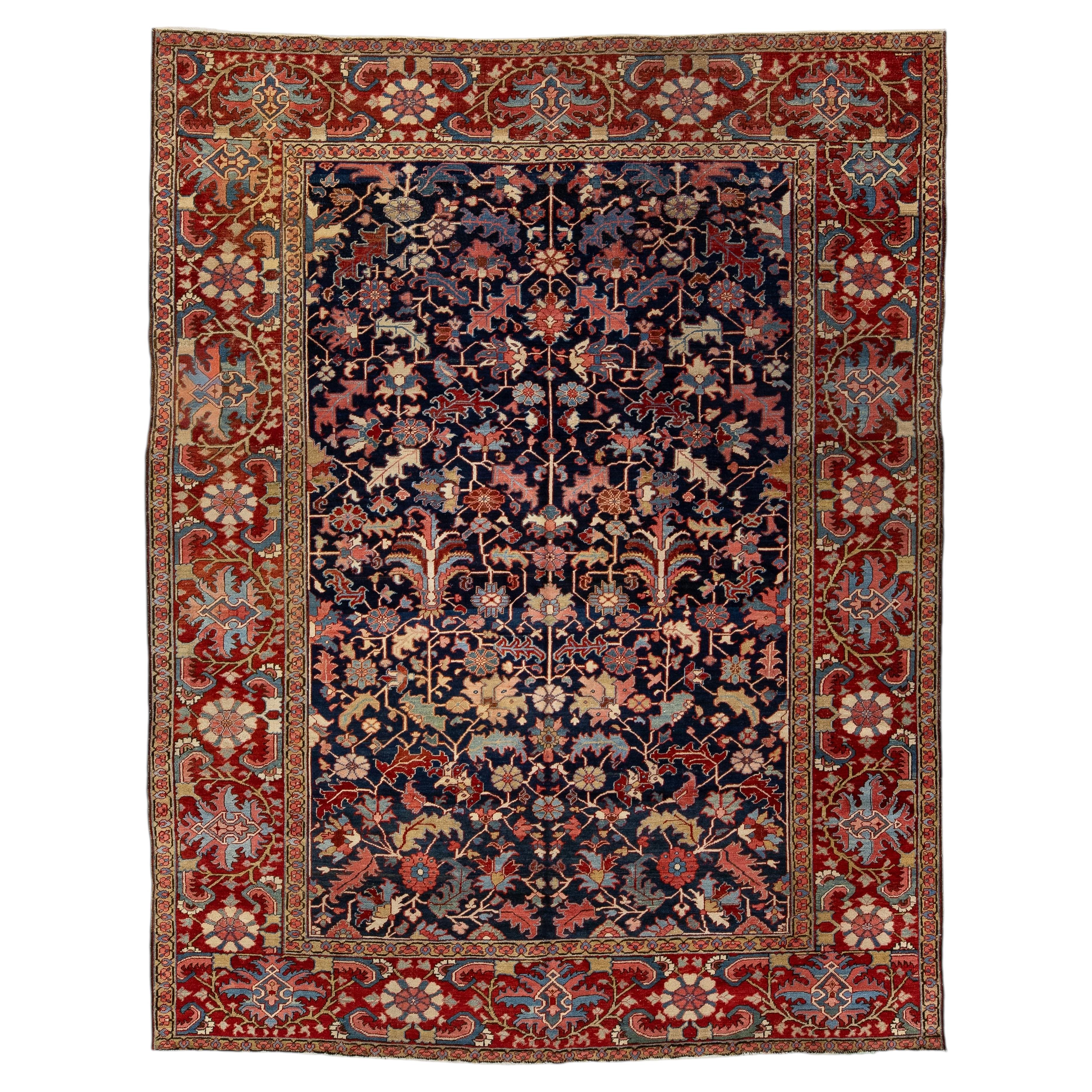 19th Century Antique Heriz Style Wool Rug with Deep Indigo All-Over Floral For Sale