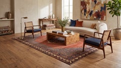 Antique Bidjar Style Wool Rug in Terracotta & Indigo, Hand-Knotted Medallion