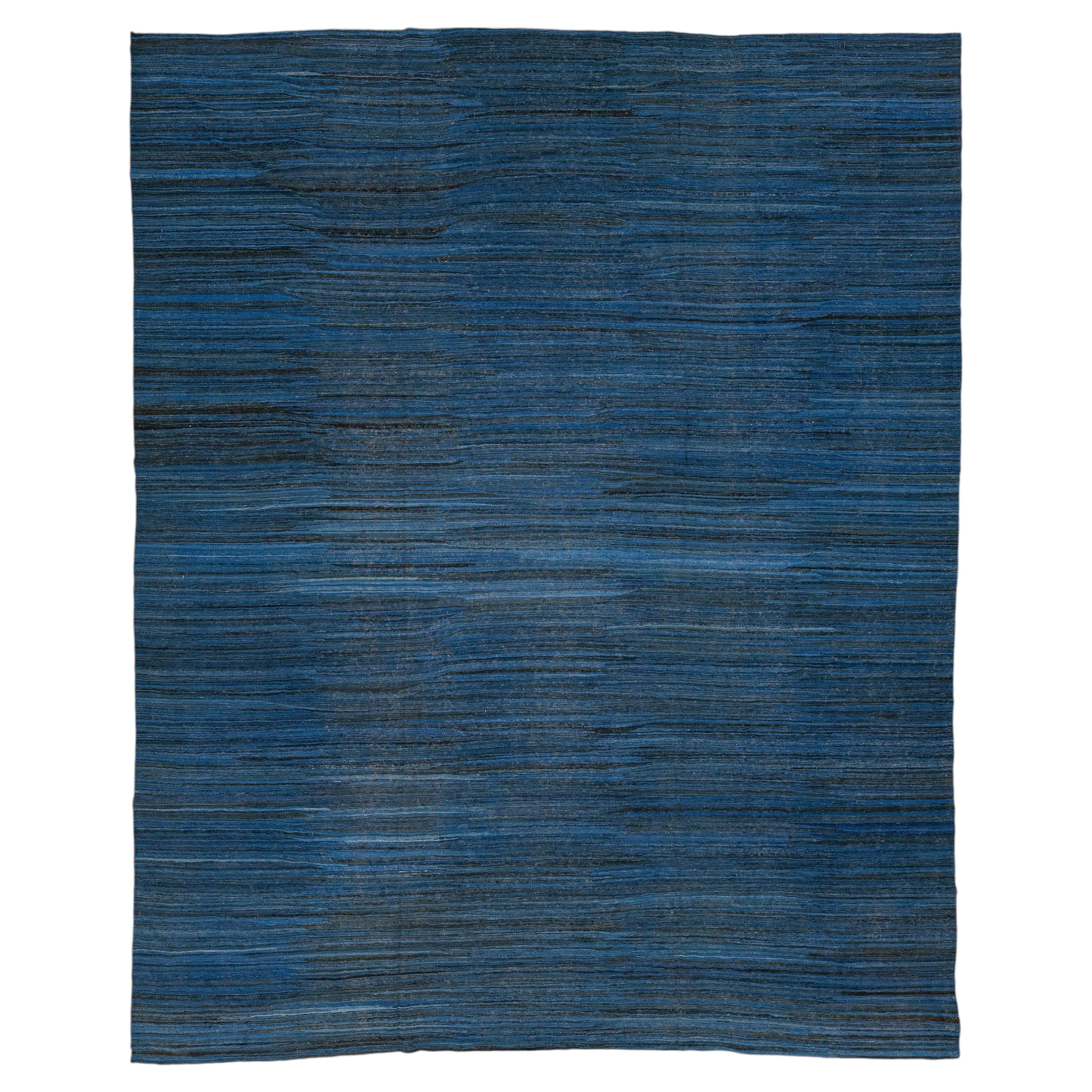 Modern Handmade  Deep Indigo Wool Kilim Rug – Minimalist Contemporary Flatweave