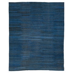 Modern Handmade  Deep Indigo Wool Kilim Rug – Minimalist Contemporary Flatweave