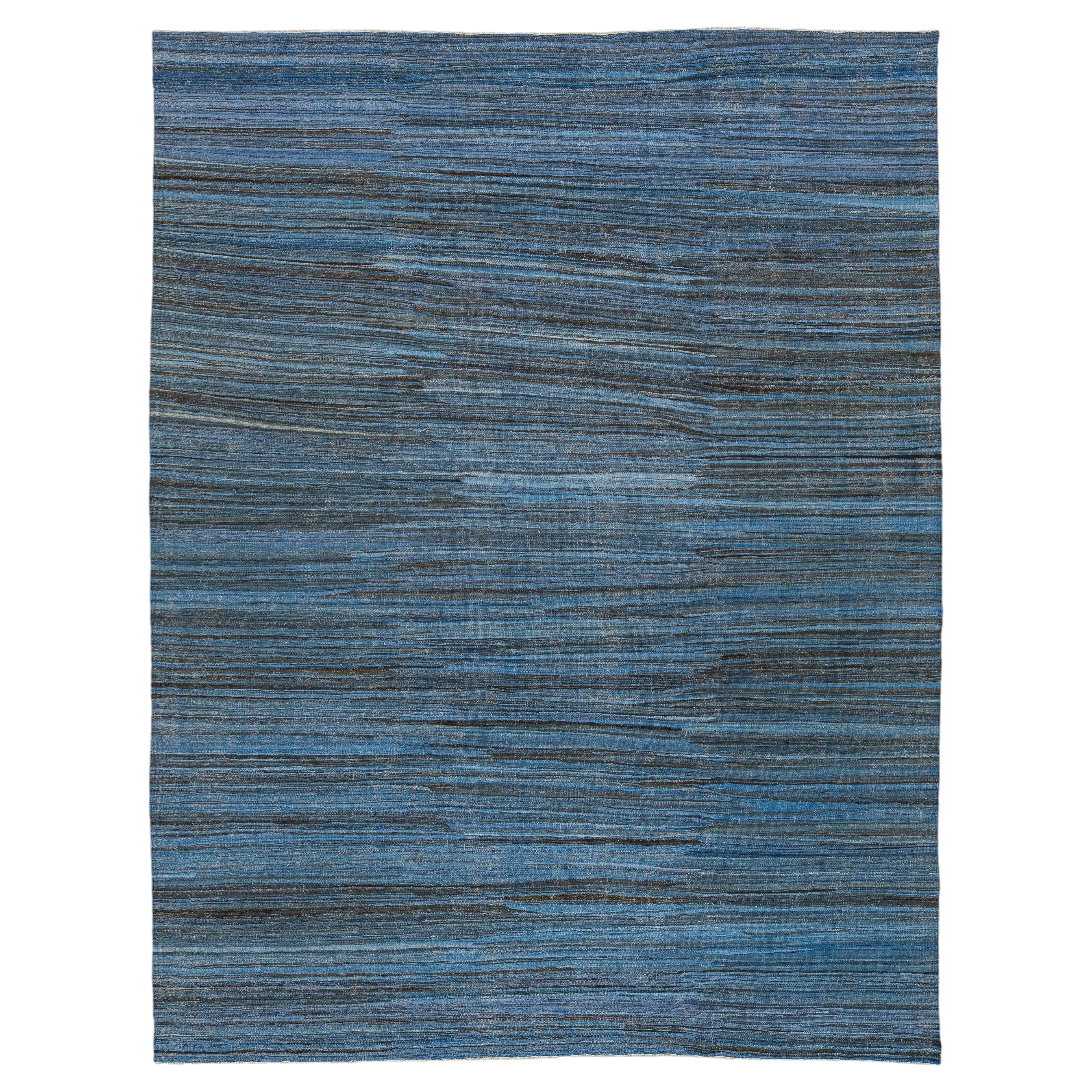 Modern Handmade Flat-Weave Kilim Wool Rug in Indigo & Charcoal Abrash 9x12