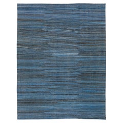Modern Handmade Flat-Weave Kilim Wool Rug in Indigo & Charcoal Abrash 9x12