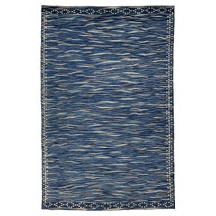 Tappeto in lana Kilim blu oceano con motivo a onde, fatto a mano in stile contemporaneo Tessuto piatto di lusso