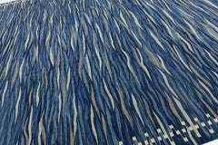 Tappeto in lana Kilim blu oceano con motivo a onde, fatto a mano in stile contemporaneo Tessuto piatto di lusso