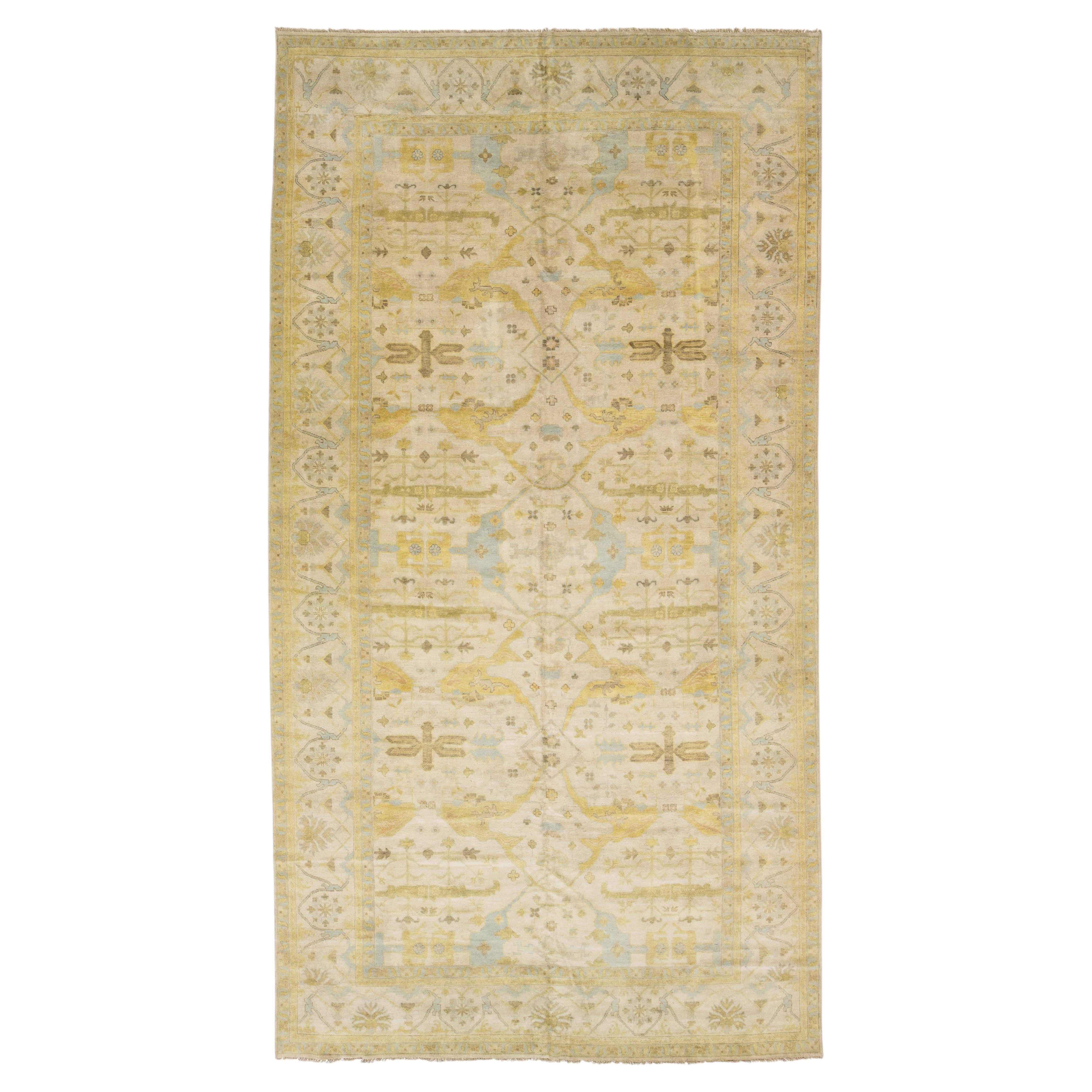 11x21 Modern Oushak Style Wool Rug in Soft Cream, Ochre Gold & Soft Blue For Sale