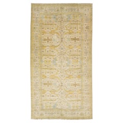 11x21 Modern Oushak Style Wool Rug in Soft Cream, Ochre Gold & Soft Blue