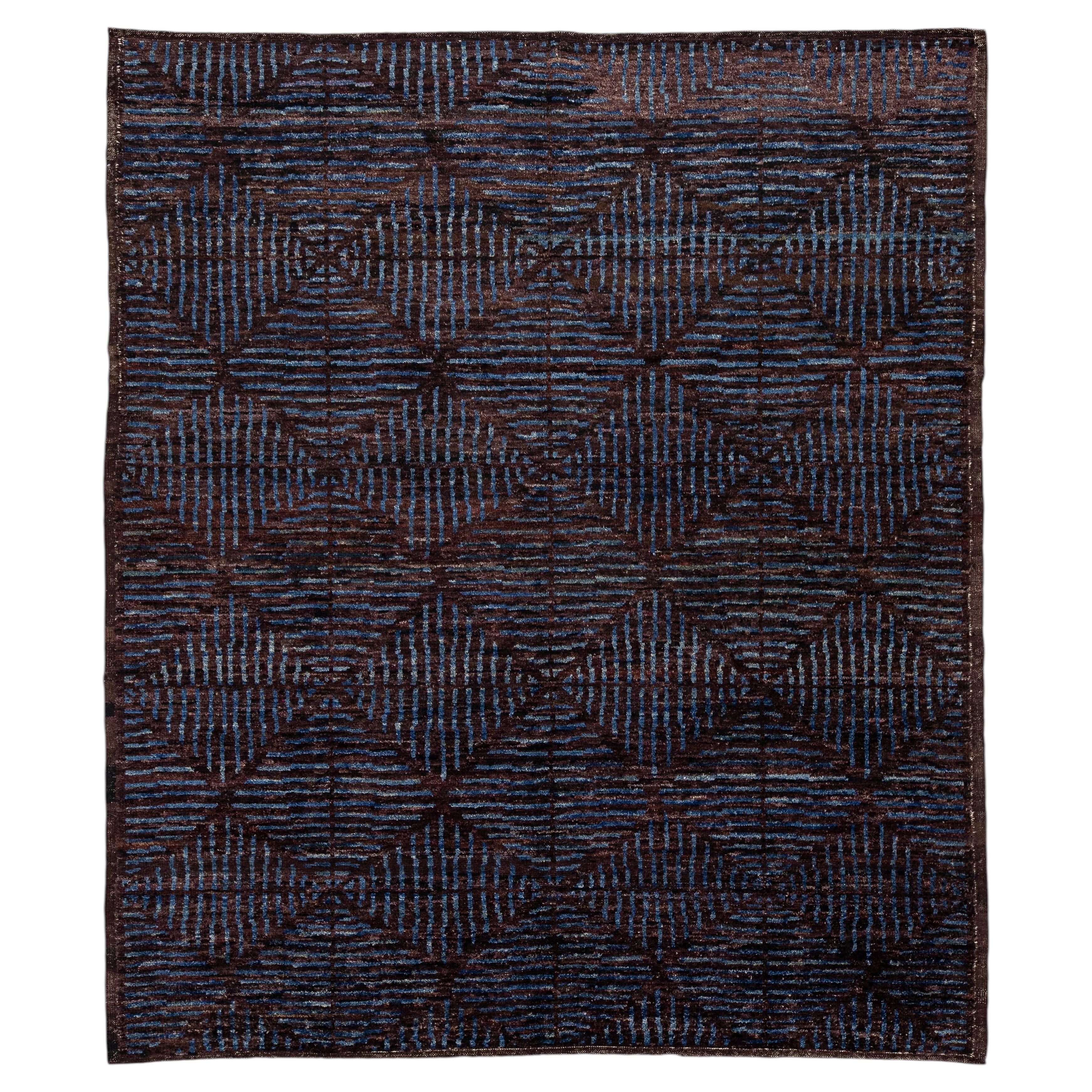 Contemporary Modern Moroccan Style Geometric Wool Area Rug in Deep Espresso For Sale