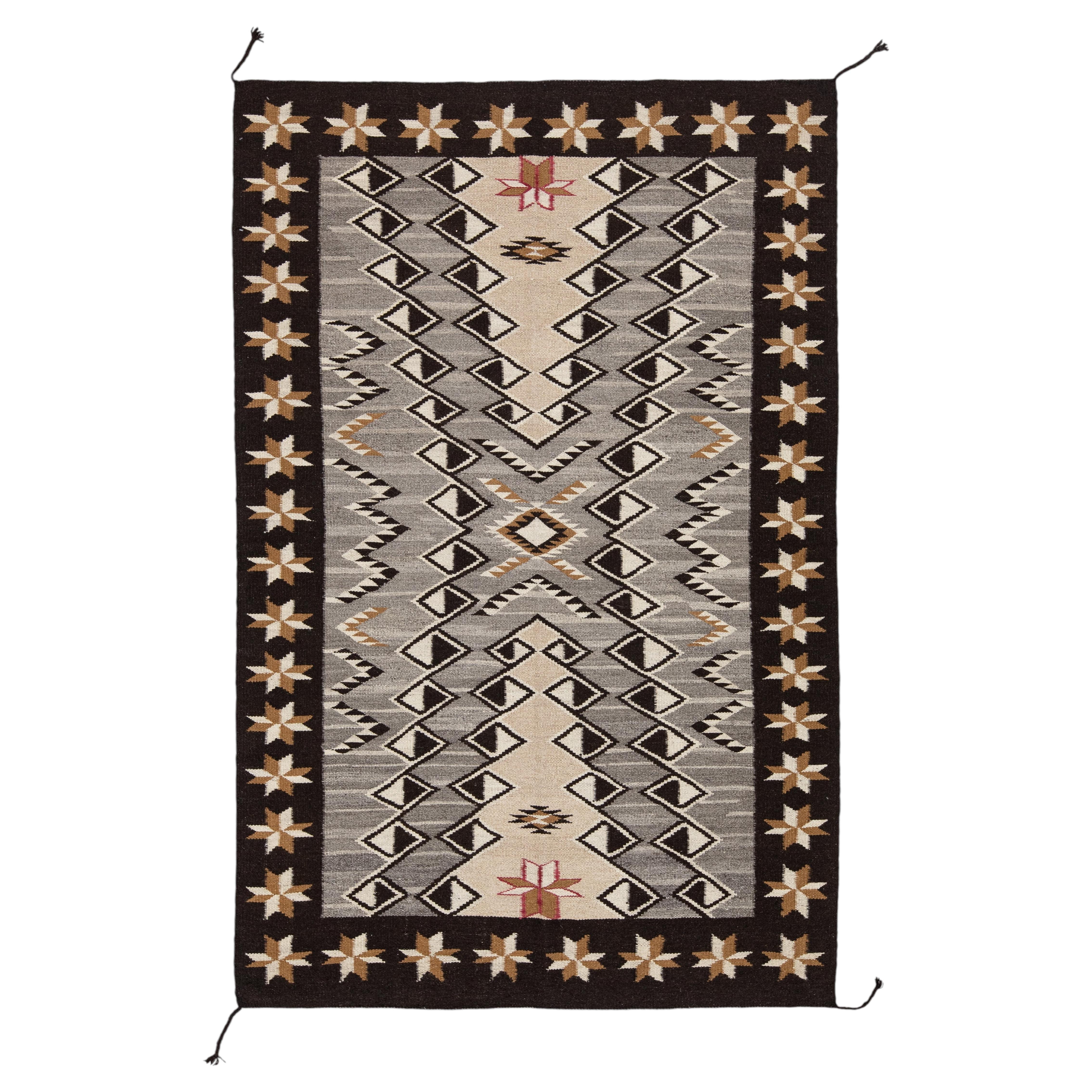Contemporary Hand-Knotted Navajo Style Wool Rug with Geometric Star Border