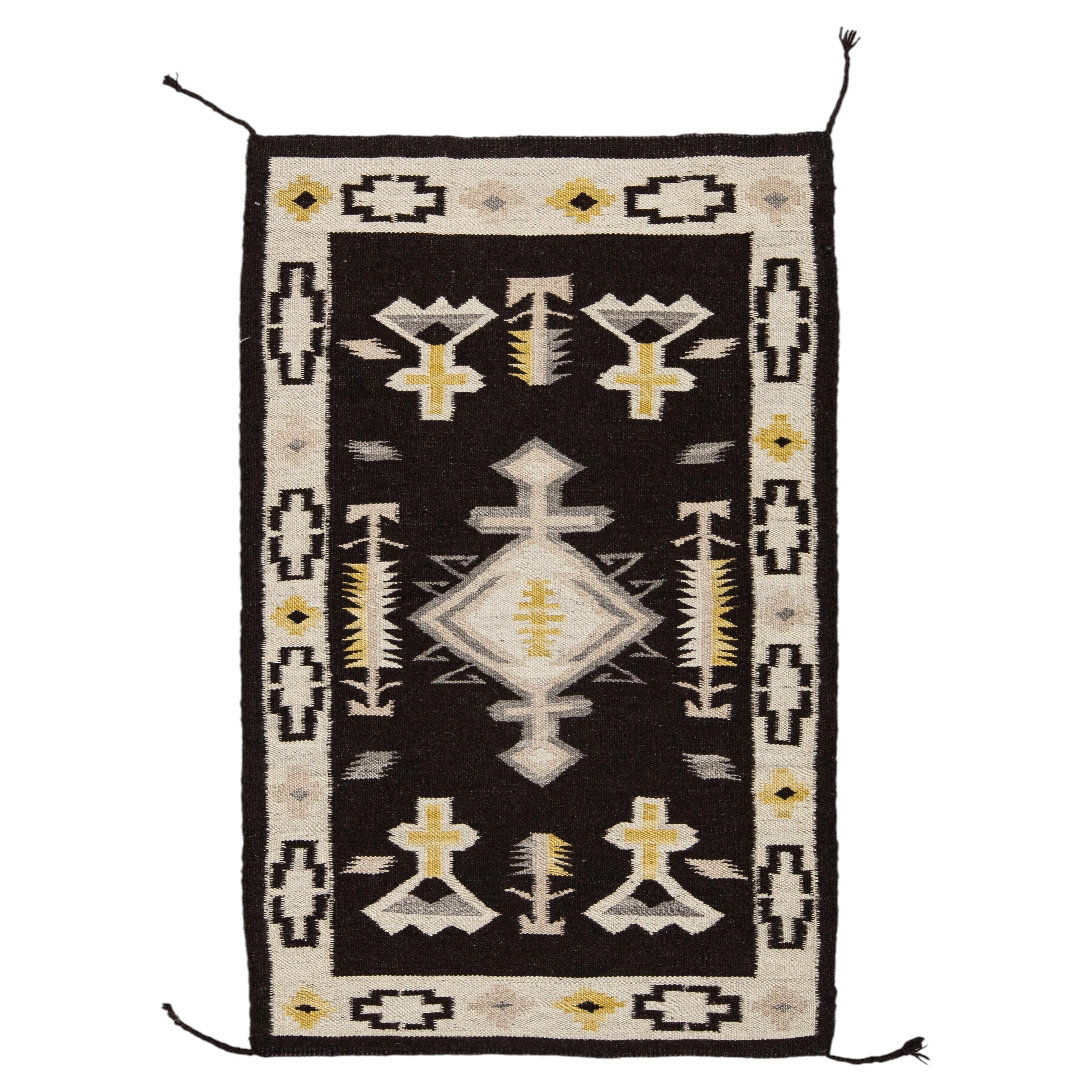 Modern Navajo Style Handmade Wool Area Rug in Black, Cream & Ochre Accent