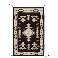 Modern Navajo Style Handmade Wool Area Rug in Black, Cream & Ochre Accent