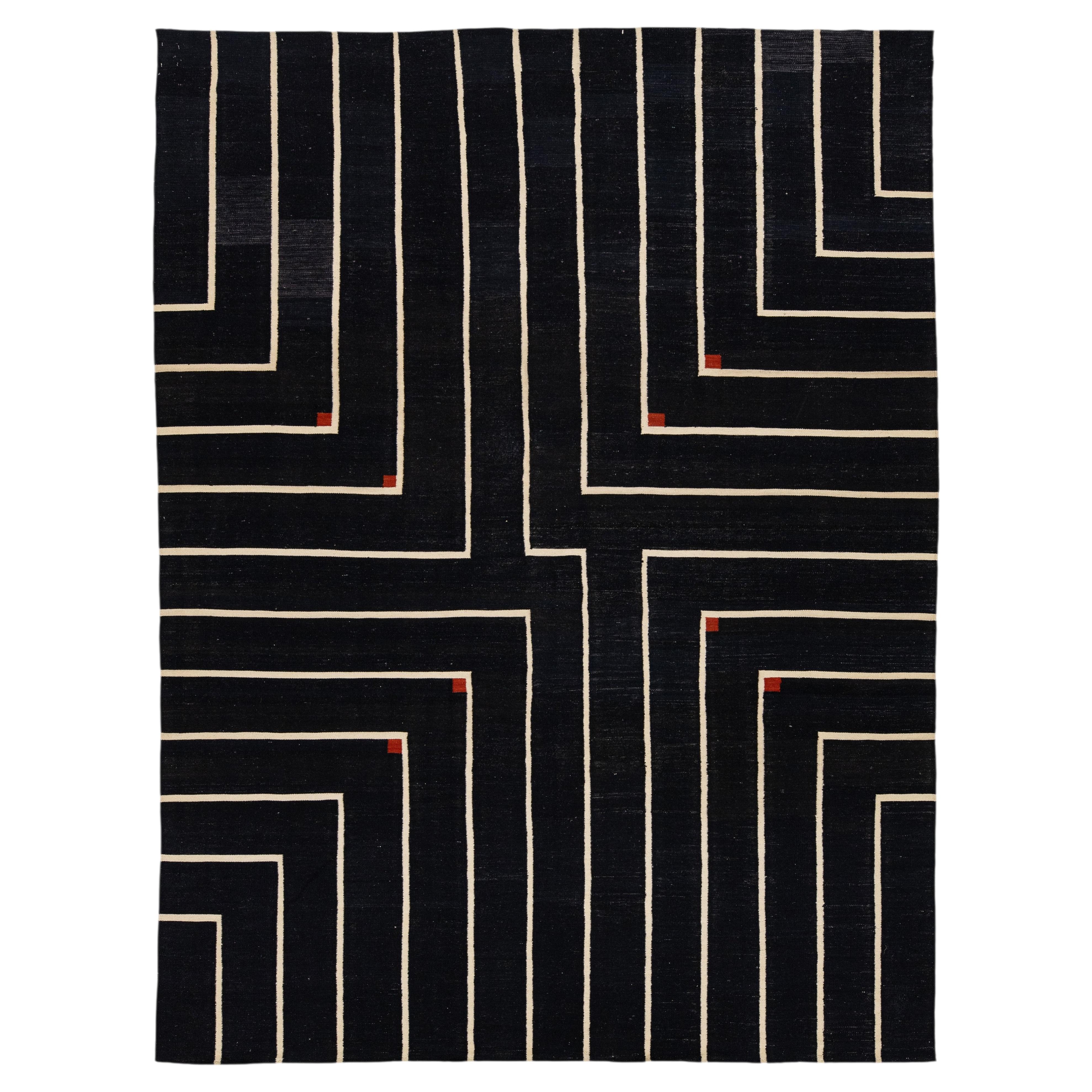Modern Geometric Kilim Wool Rug with Architectural Line Art & Crimson Accents