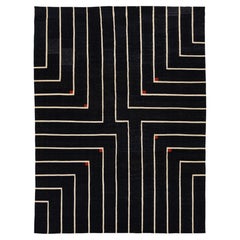 Modern Geometric Kilim Wool Rug with Architectural Line Art & Crimson Accents