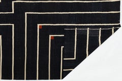 Modern Geometric Kilim Wool Rug with Architectural Line Art & Crimson Accents
