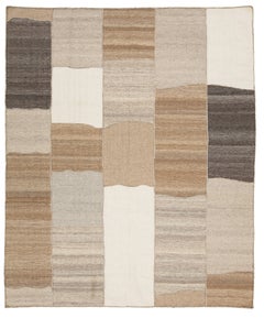 Contemporary Minimalist Neutral Patchwork Wool Kilim Rug  Wabi-Sabi Handmade
