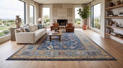 14x20 Hand-Knotted Modern Oushak Style Wool Rug in Indigo Blue & Earthy Motifs