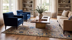 Modern Oushak Style Hand-Knotted Wool Area Rug in Taupe Grey with Vibrant Floral