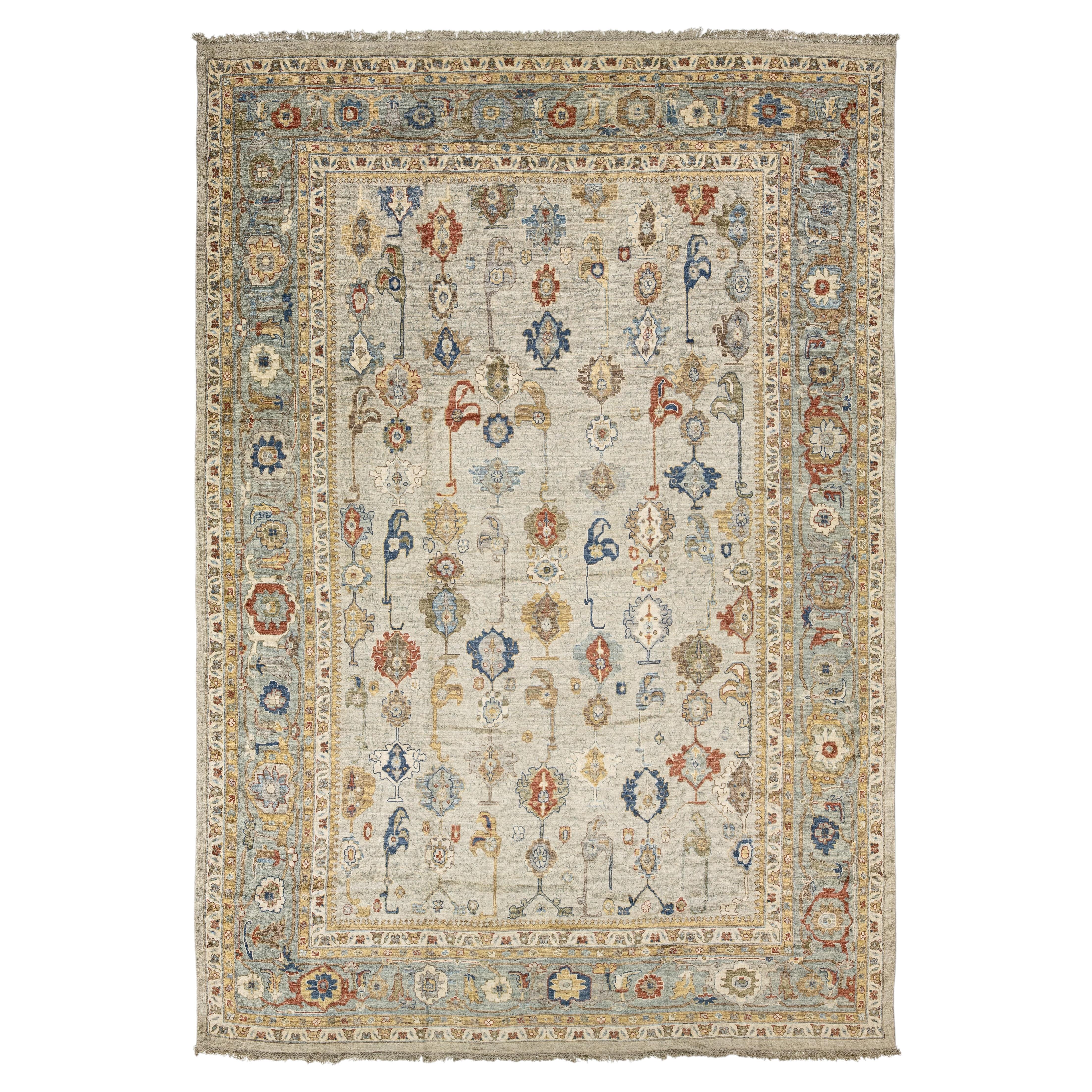 Modern Hand-Knotted Oushak Style Wool Area Rug in Soft Sage and Slate Blue 14x20