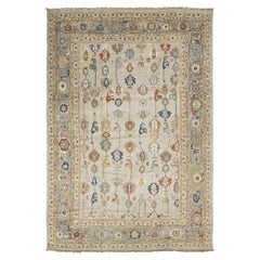 Modern Hand-Knotted Oushak Style Wool Area Rug in Soft Sage and Slate Blue 14x20