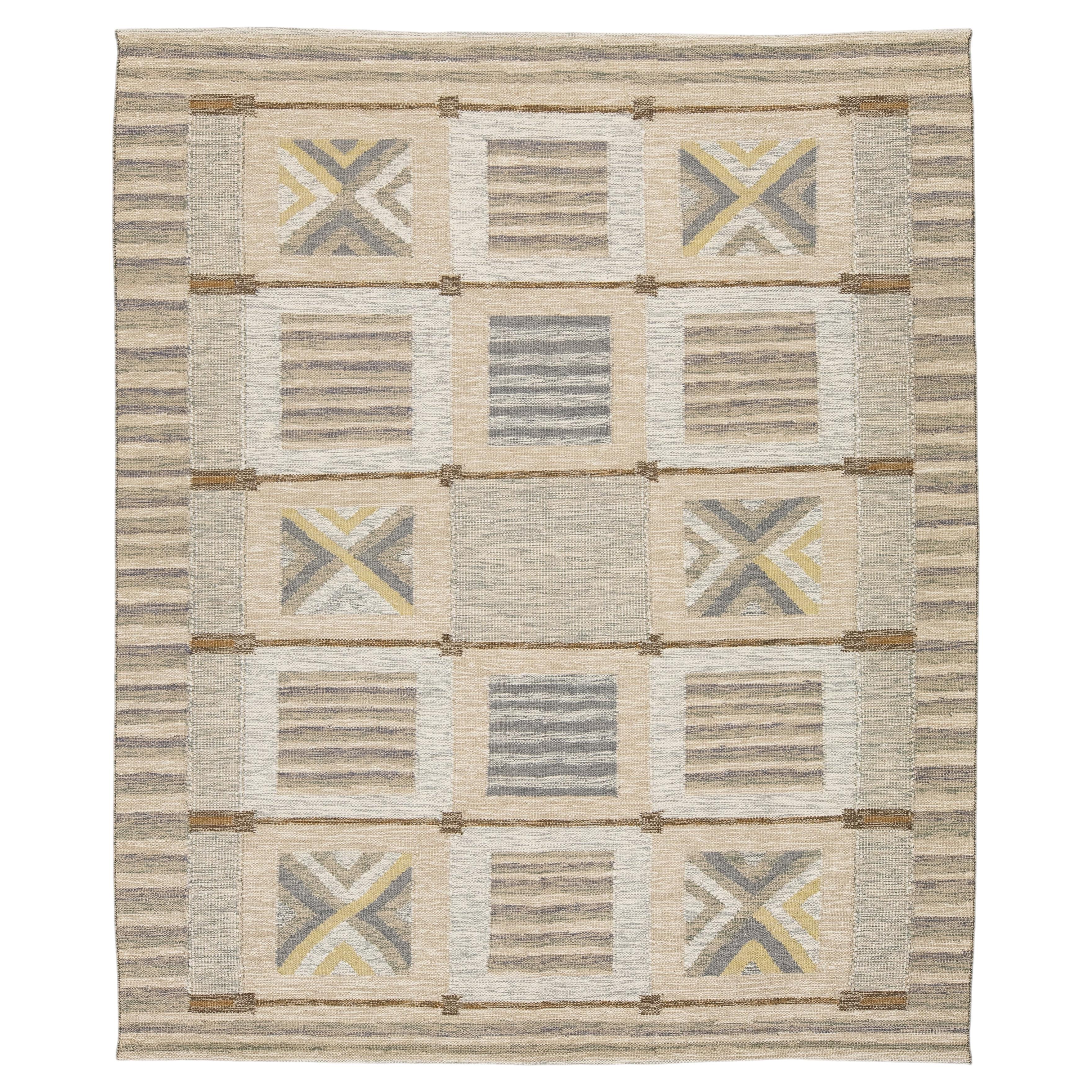 Modern Swedish Style Handmade Wool Flatweave Rug  Geometric Scandinavian 8x10