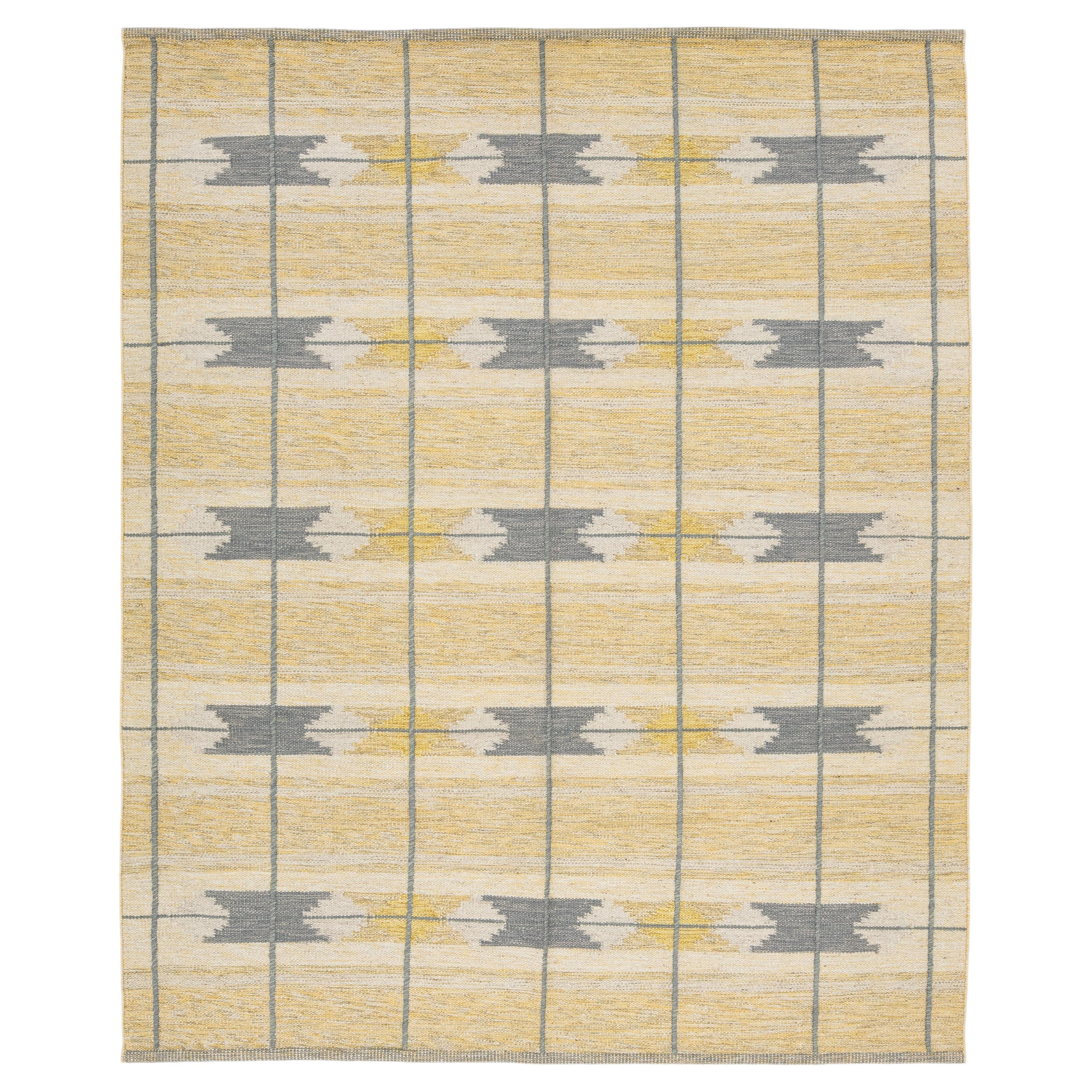 Swedish Style Flat-Weave Wool Rug in Warm Gold, Soft Grey, and Ivory Geometric For Sale