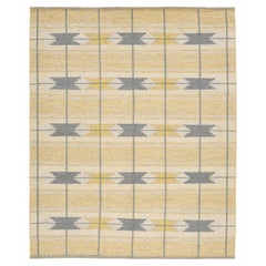 Swedish Style Flat-Weave Wool Rug in Warm Gold, Soft Grey, and Ivory Geometric