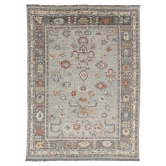 Modern Oushak Style Hand-Knotted Wool Rug in Slate Grey, Terracotta, and Blue