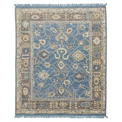 Modern Oushak Style Hand-Knotted Wool Area Rug in French Blue, Slate Grey & Gold