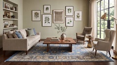 Modern Oushak Style Hand-Knotted Wool Area Rug in French Blue, Slate Grey & Gold