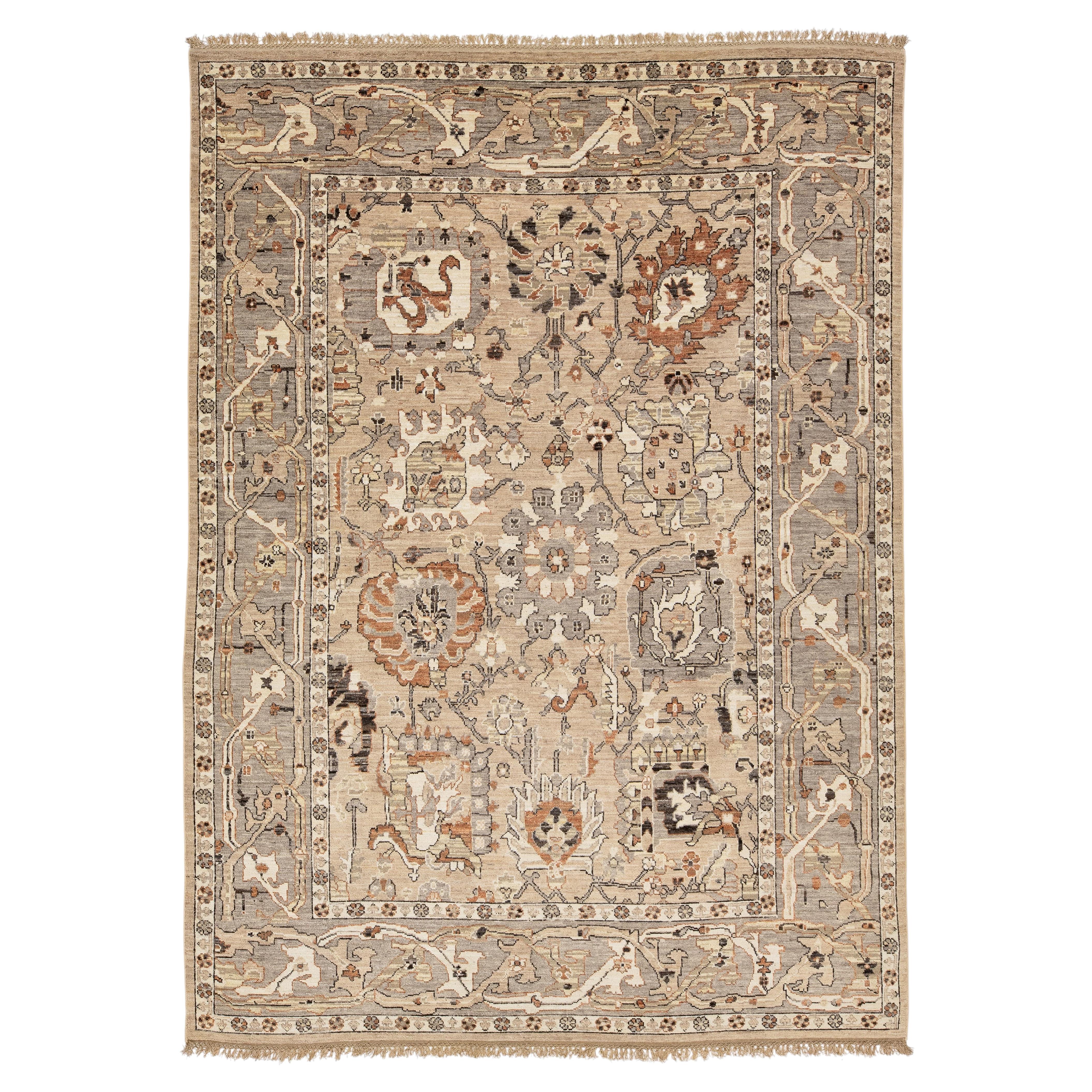 Modern Oushak Style Hand-Knotted Wool Rug in Neutral Beige, Grey and Terracotta