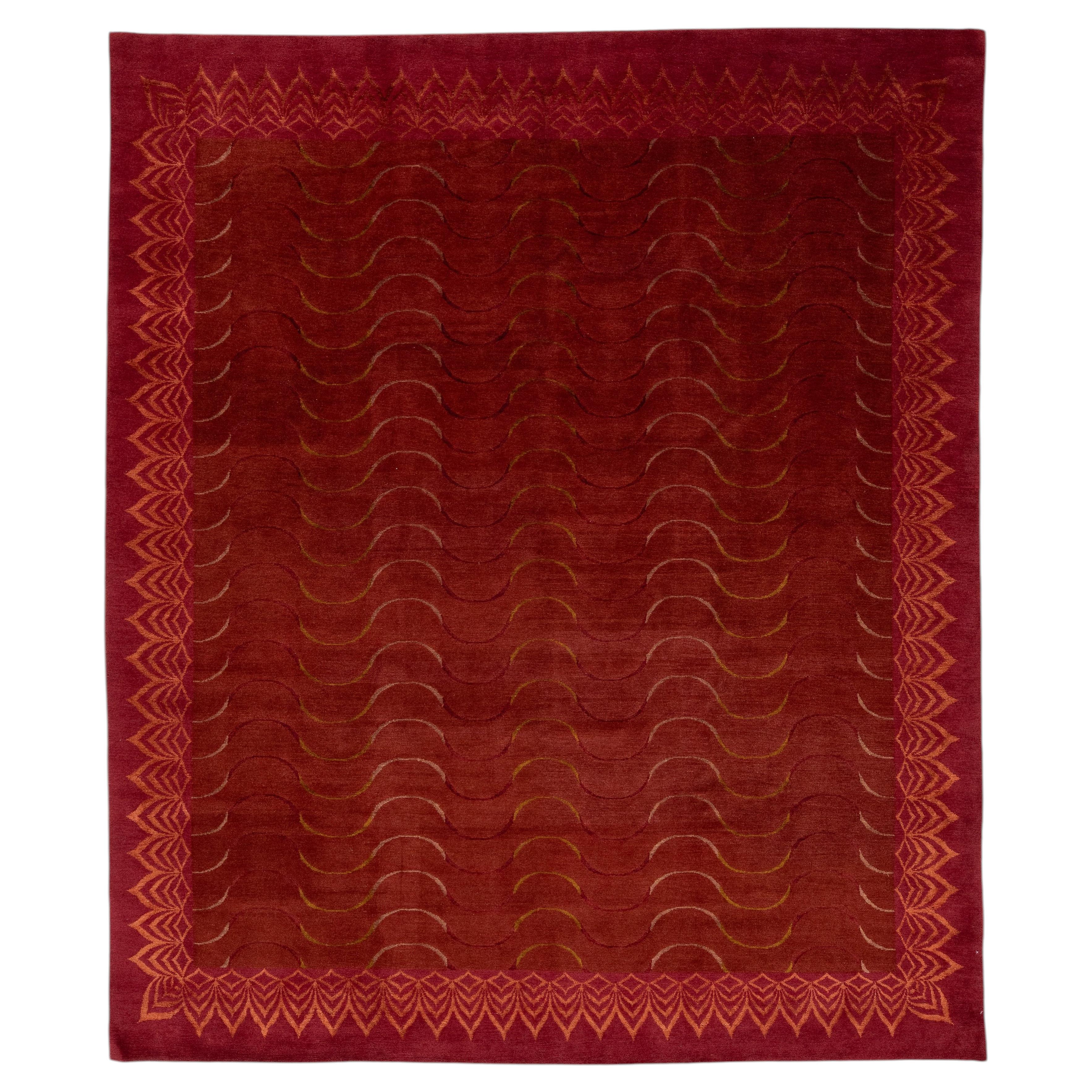 Contemporary Tibetan Wool & Silk Rug in Crimson and Gold with Art Deco Boder