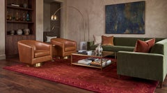 Contemporary Tibetan Wool & Silk Rug in Crimson and Gold with Art Deco Boder