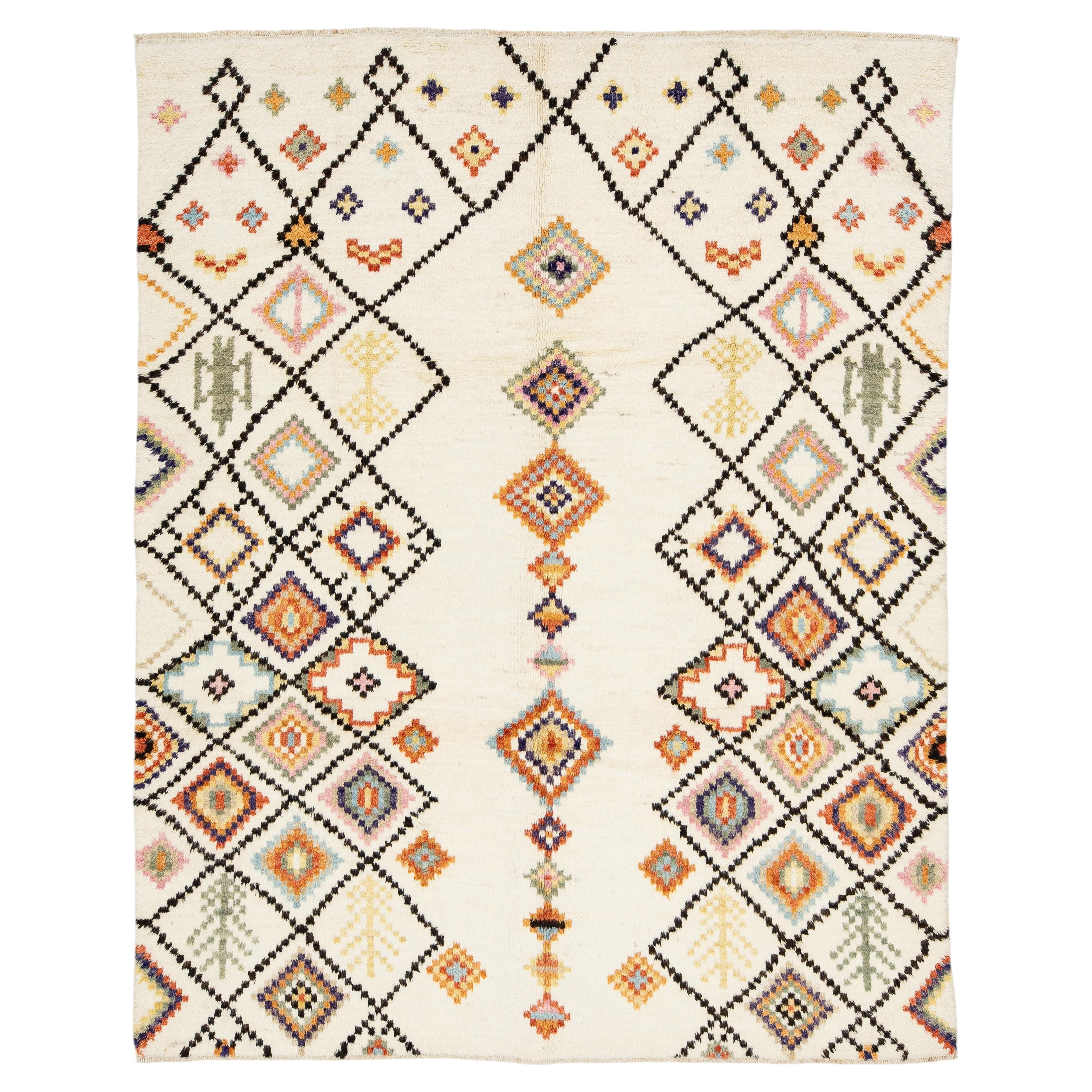 Modern Moroccan Style Hand-Knotted Wool Rug with Colorful Geometric Diamond
