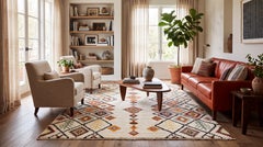 Modern Moroccan Style Hand-Knotted Wool Rug with Colorful Geometric Diamond