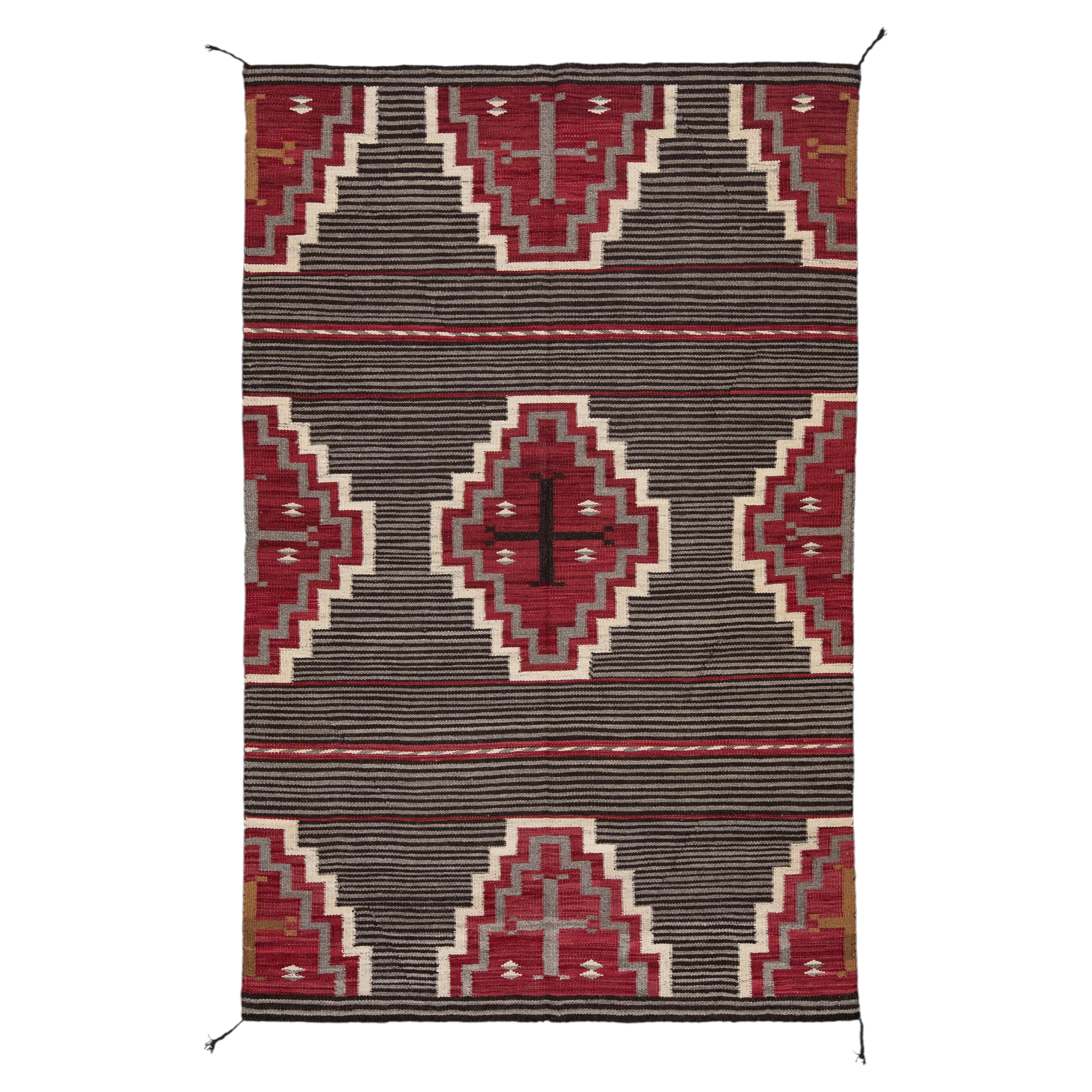 Modern Navajo-Style Hand-Woven Wool Rug with Geometric Terraced Medallions