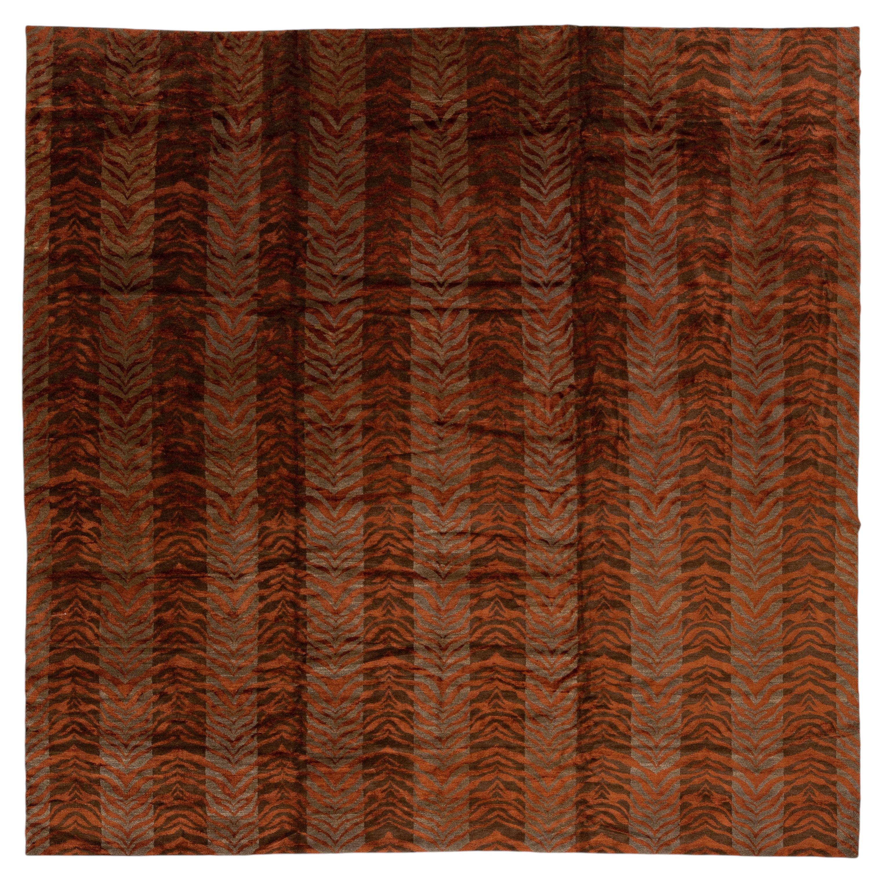 Modern Hand-Knotted Tibetan Wool & Silk Area Rug in Rust Terracotta & Espresso