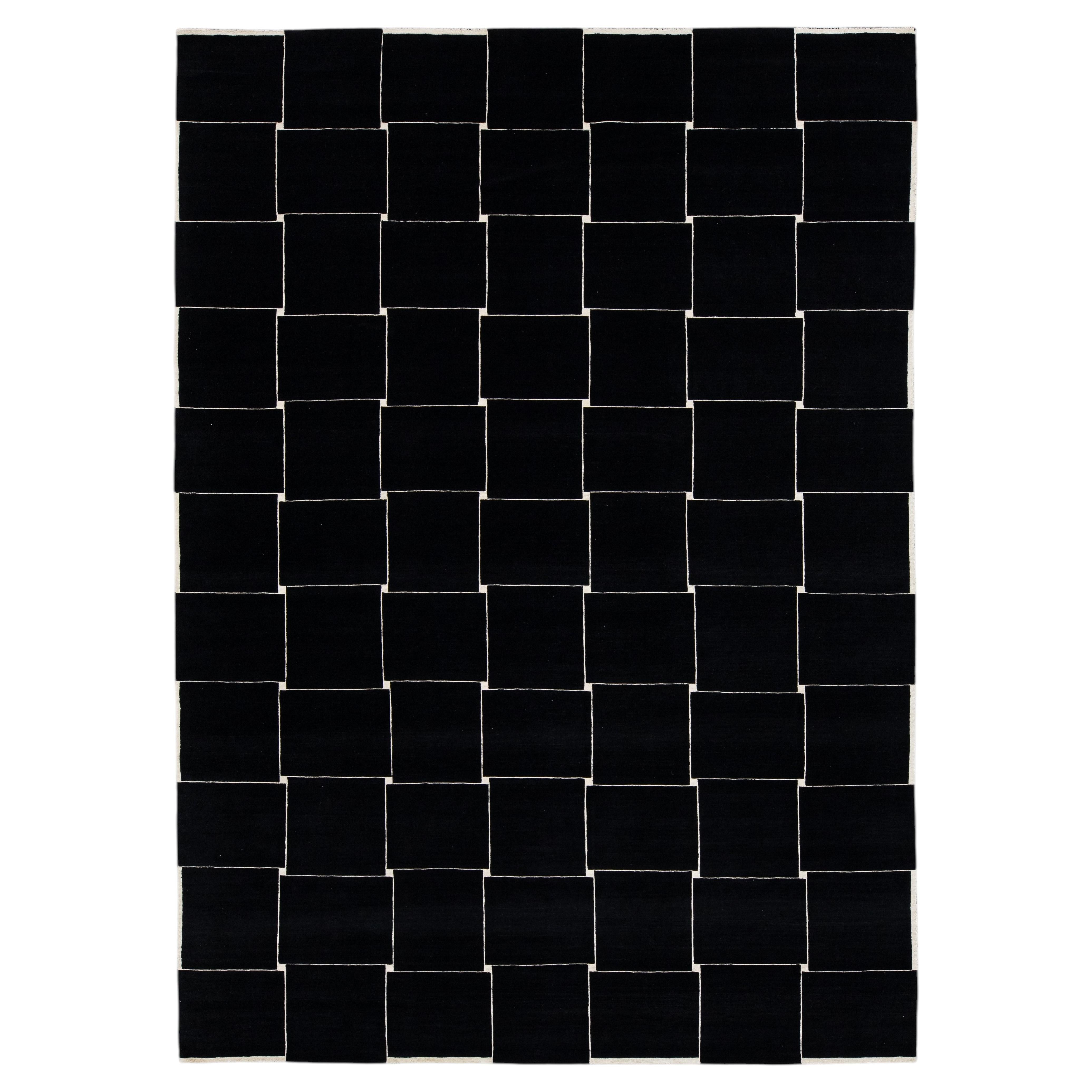 Modern Minimalist Black & Ivory Geometric Grid Wool Area Rug 10X14