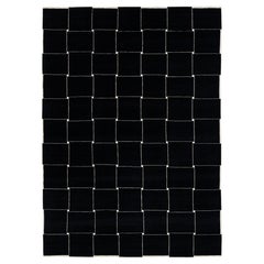 Modern Minimalist Black & Ivory Geometric Grid Wool Area Rug 10X14